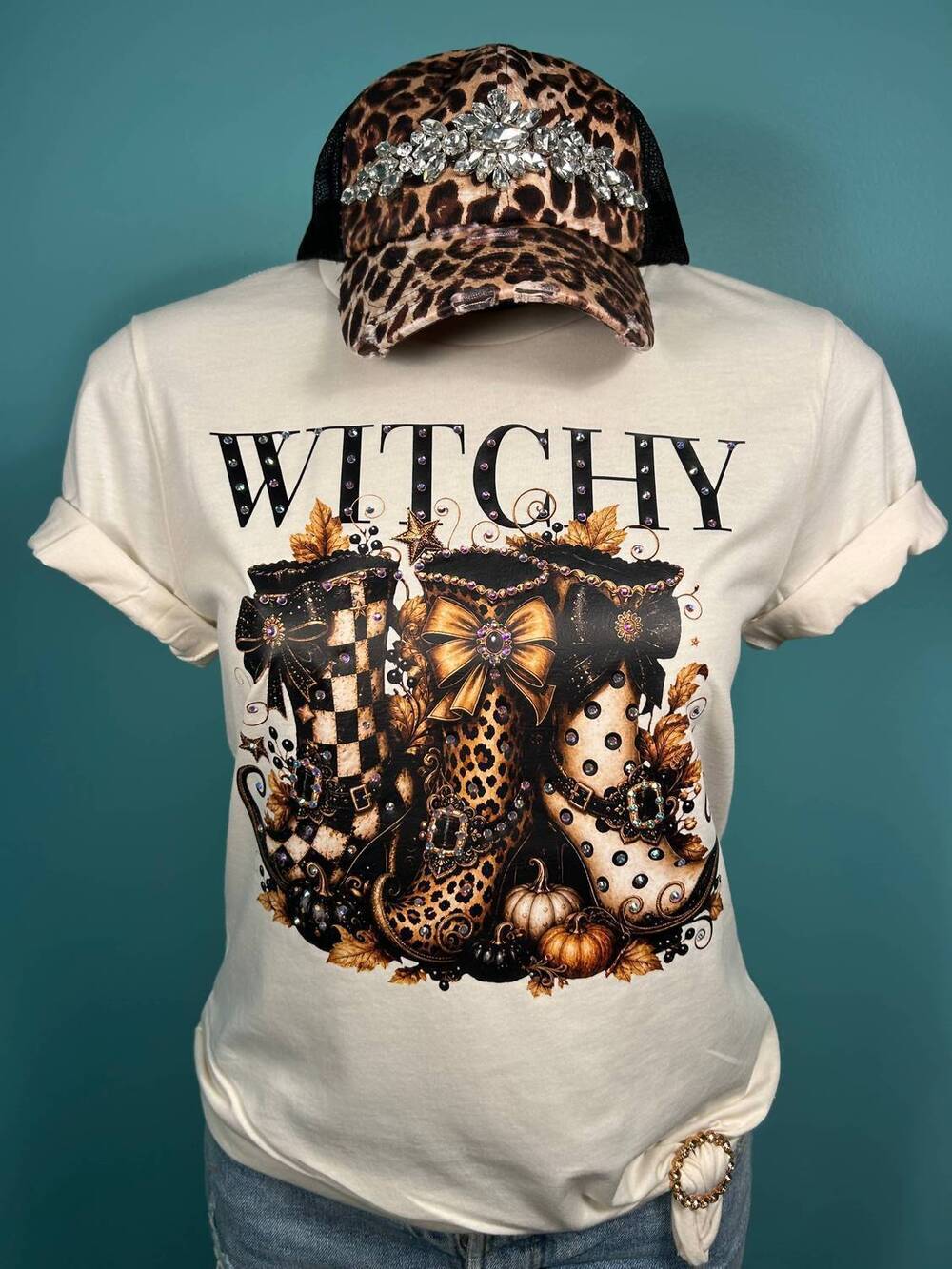 NEW THE CRYSTAL RANCH women's witchy boots blingy rhinestone graphic fall tee in